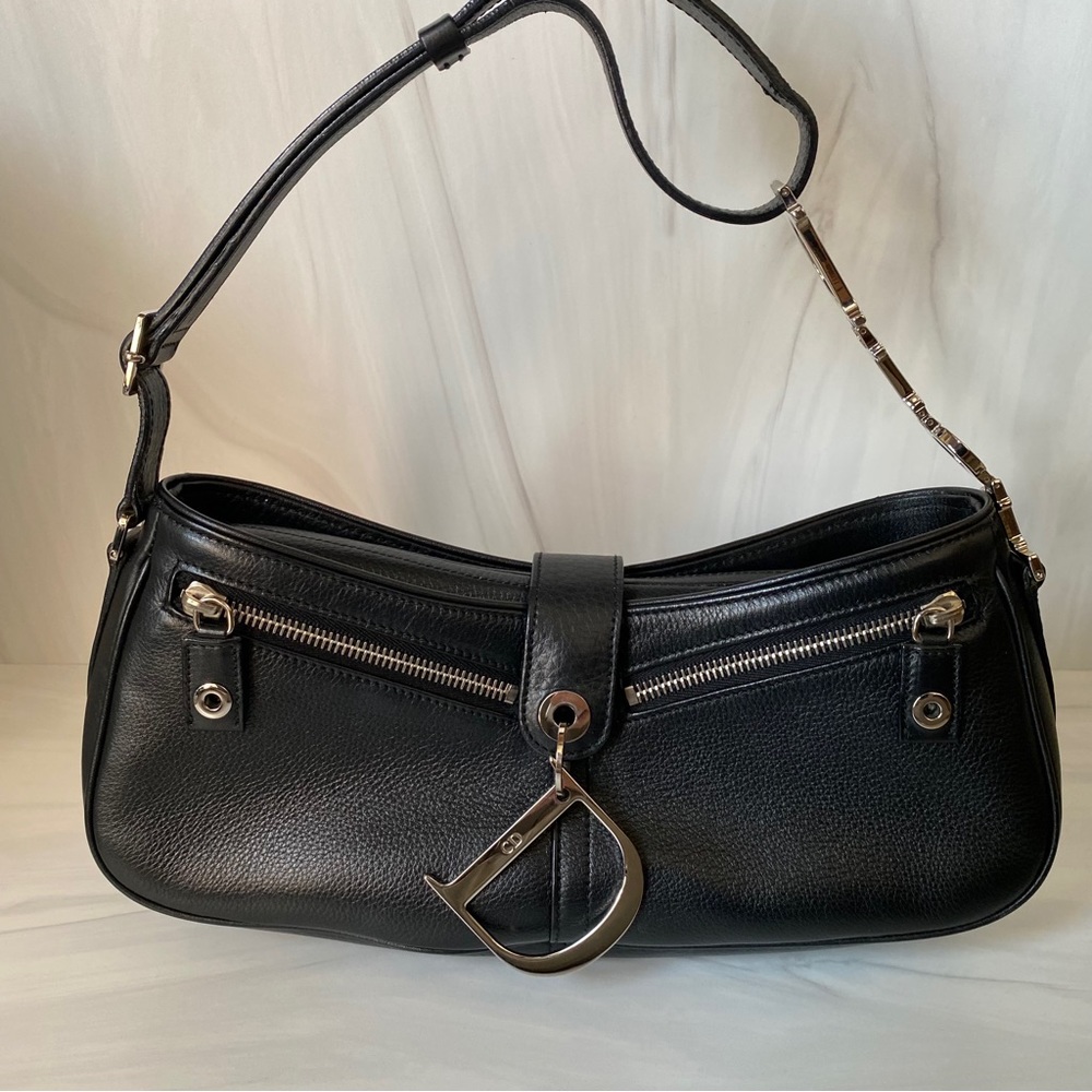 Christian Dior Black Leather D Charm Logo Shoulder Bag John Galliano